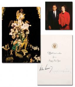 A 1963 Hallmark Christmas card boldly signed by President John F. Kennedy and First Lady Jackie Kennedy, with a secularized holiday message, was signed just days before the assassination and never mailed (est. $15,000-$20,000).