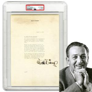 A one-page typed letter recommending a former Special Effects Department employee, PSA/DNA slabbed and certified authentic, was boldly signed by Walt Disney (est. $6,000-$7,000).