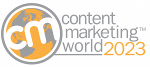 Content Marketing World 2023 logo with a globe and the letters C and M inside