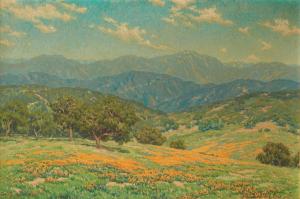 Oil on canvas painting by Granville Redmond (American, 1871-1935), titled Rolling hills with California poppies ($237,500).