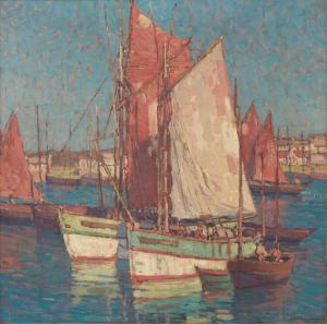 Oil on canvas painting by Edgar Alwin Payne (American, 1883-1947), titled Fishermen's Harbor, Concarneau, France ($81,250).