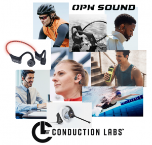 Conduction Labs Logo product images and product use images for Open Ear headphones that provide innovative features, situational awareness, and improved comfort