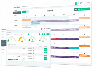 EZFacility gym and sports management software displays a calendar-based schedule and a reporting dashboard