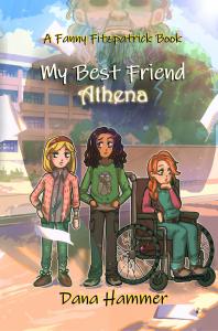 Three 11 year old girls stand in front of a school. From left to right a blond girl wearing a sweater an jeans, a brunette girl wearing a hoodie and cargo pants and a redheaded girl in a wheel chair wearing overalls. Looming over the girls is the ghostly 