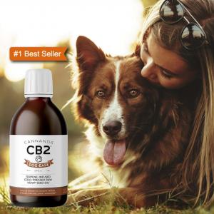 Cannanda CB2 oil - Dog-Ease Hemp Oil bottle on an image of a lady hugging her dog. Amazon's #1 Best-Seller badge included.