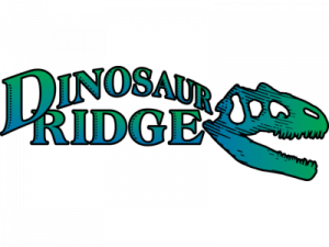 The Dinosaur Ridge logo features the skull of an Allosaurus and the words Dinosaur Ridge in green and blue colors.