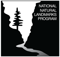 The National Natural Landmark logo is an image of a canyon and a river and pine tree in black with a white background.