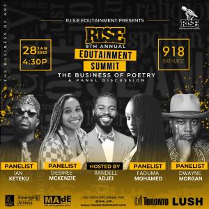 A group flyer that showcases all of the panelist involved with the 9th ANNUAL RISE EDUTAINMENT SUMMIT FOR EMERGING POETS AND ARTISTS