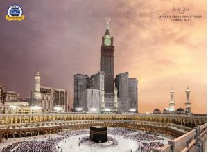 Makkah Clock Royal Tower, A Fairmont Hotel exterior view of tower and center of Makkah with hundreds of people around