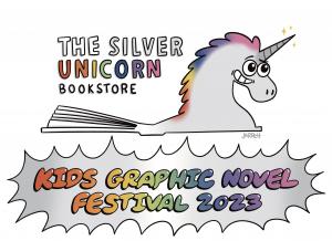 This is the logo for The Silver Unicorn Bookstore's first annual Kids Graphic Novel Festival
