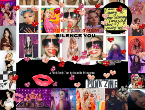 The cover of the pitch deck, which is surrounded images that showcase the riot grrrl movement.