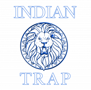 dynamic blue and white logo of a lionhead medallion and the title Indian Trap