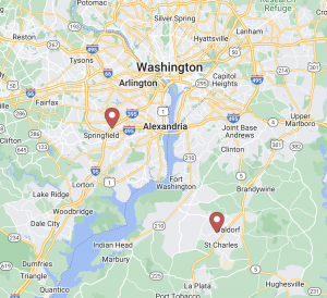 Map showing the locations of Mobility City of Fairfax VA and Mobility City of Southern MD