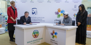 MoU Signing Ceremony with H.E. Ban Ki-moon, 8th UN Secretary-General & Co-chair of the BKMC, and H.E. Dr. Tariq Al Gurg, Chief Executive Officer and Vice-Chairman of Dubai Cares, and Monika Froehler, Chief Executive Officer of the BKMC