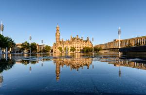 Bradford city Hall in City Park a town in west Yorkshire of England