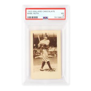 1923 Willards Chocolates Babe Ruth baseball card, graded PSA 3 VG (Very Good), an exceptional example of an early issue Ruth card from a rare Canadian-issued set (CA$23,600).