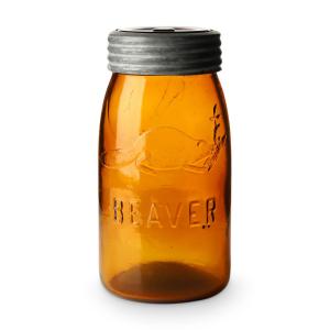 Beaver (Canadian) quart jar in a dark honey amber color, 7 inches tall, with an excellent factory ground lip (CA$8,260).
