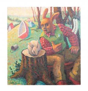 Oil on canvas painting by Robert Jessup (American, b. 1952), titled Rabbit Lecturing to a Hare, large at 64 inches by 60 ¼ inches (unframed) ($18,150).