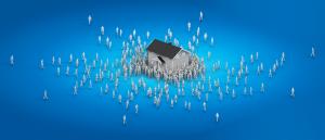 Vector of many people swarming a house on a blue background