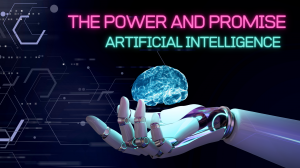 Text: The Power and Promise of Artificial Intelligence. Image: includes a robotic arm holding a glowing blue brain.