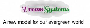A large cloud in a light grey gradient overlaid with, “DreamSystems” with characters in Sail font. “Dream” is a deep plum purple color and “Systems” is a bright green color.