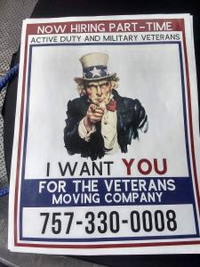 Flyer with Uncle Sam pointing and saying "I want you for the Veterans moving company"