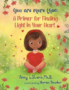 The book cover is an illustration of a young girl sitting in a field of flowers holding a heart shaped object
