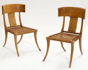 Pair of T. H. Robsjohn Gibbings walnut Klismos chairs, Saridis, designed in 1961, from the estate of Shirley Baskin (est. $6,000-$8,000).