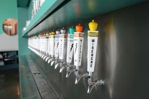 Several white beer tap handles with the word WISEACRE printed on the side and topped with yellow, orange and teal acorns, set against a stainless steel and green wall.