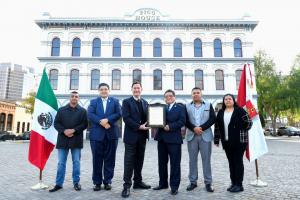 Board of Tlaxcaltecas USA presents recognition to L. Ron Hubbard at the historic Pico House in El Pueblo Plaza, Los Angeles.