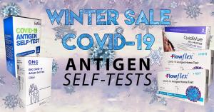 Words printed are Winter Sale: COVID-19 Antigen Self-Tests surrounded by different packages of Over The Counter COVID-19 Antigen Tests.
