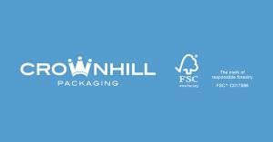 An image of the Crownhill Packaging logo and the FSC logo, along with Crownhill Packaging's FSC certificate number, on a blue background.