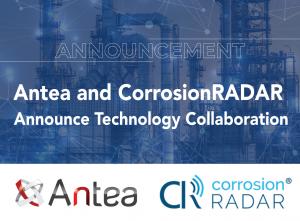 Infographic depicting the text: Announcement Antea and CorrosionRADAR Announce Technology Collaboration, overlaid on a blue stock image of an oil and gas refinery.