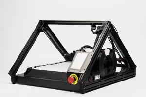 The One Pro from iFactory3D: A 3D belt printer with 45° angled print head and pyramid-shaped frame design. Enables printing of continuous objects or many objects in a row without human intervention - for automated additive manufacturing