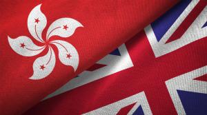 United Kingdom and Hong Kong two flags together textile cloth fabric