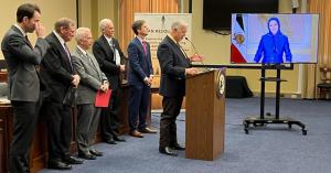 NCRI President-elect Maryam Rajavi joins a congressional press briefing on Feb 8, 2023, hosted by Rep. Tom McClintock (R-CA) & attended by a bipartisan group of House members, to introduce H.Res.100, supporting Iran uprising for a democratic, secular nonnuclear republic