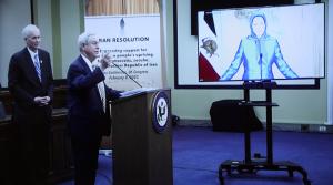 NCRI President-elect Maryam Rajavi joins a congressional press briefing on Feb 8, 2023, hosted by Rep. Tom McClintock (R-CA) & attended by a bipartisan group of House members including Chairman Joe Wilson (R-SC), to introduce H.Res.100