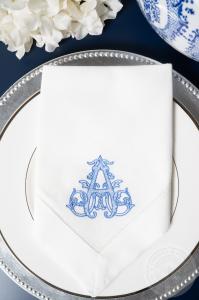 Personalized Embroidered Linen Napkins with a Custom Single Initial Monogram with Blue Thread