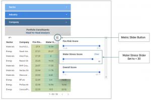 Portfolio climate risk analytics Data Studio dashboard showing portfolio selection via screening for companies whose average asset-level water stress score is less than 30.