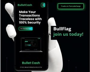 An robotic hand holding a phone with the Bullet Cash anonymous crypto payment app showcased on the screen