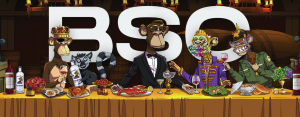 A photo of bored apes eating their first supper at the bored social club