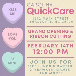 Image of Valentine's Day candy hearts, and text is an invitation to join he Carolina QuickCare Shallotte Urgent Care ribbon cutting event on February 14, 2023 at noon