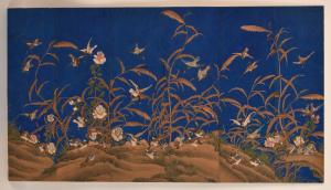 18th or 19th century Chinese scroll painting, pigment on paper, titled Birds Amongst the Wetlands, unsigned and 35 inches by 62 inches, framed (est. $2,000-$4,000).