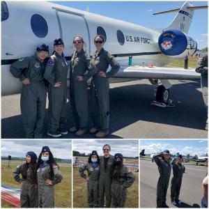 college-teen girls wearing Captain Mama's flight suits at an airshow, meeting active duty pilots