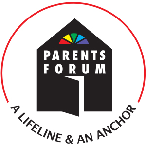 The Parents Forum logo shows a house with an open door and, above it, a semi-circular window with a five-section fanlight. The tagline appearing in the lower portion of the ciecle surrounding the house is ‘a lifeline & an anchor’.