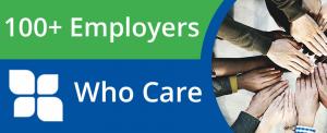 100+ Employers Who Care headline on blue and green background beside joined hands in a circle