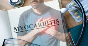 Myocarditis, stethoscope, pills, and man clutching heart.