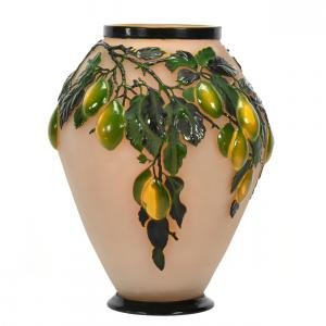 Signed Galle blown mold French cameo art glass vase in the Plum pattern, 13 ¼ inches tall, with incredible two-color green and yellow cameo carved overlay (est. $10,000-$20,000).