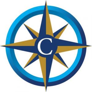 Photo of Compass High School logo, gold and blue Compass