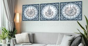 Home decorated with Islamic wall art. 3 pieces of Islamic wall art in navy Islamic pattern and Arabic calligraphy
